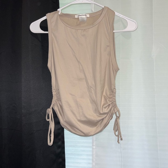 Caution To The Wind Tan Ruched Tie Front Sleeveless Top - Picture 1 of 3